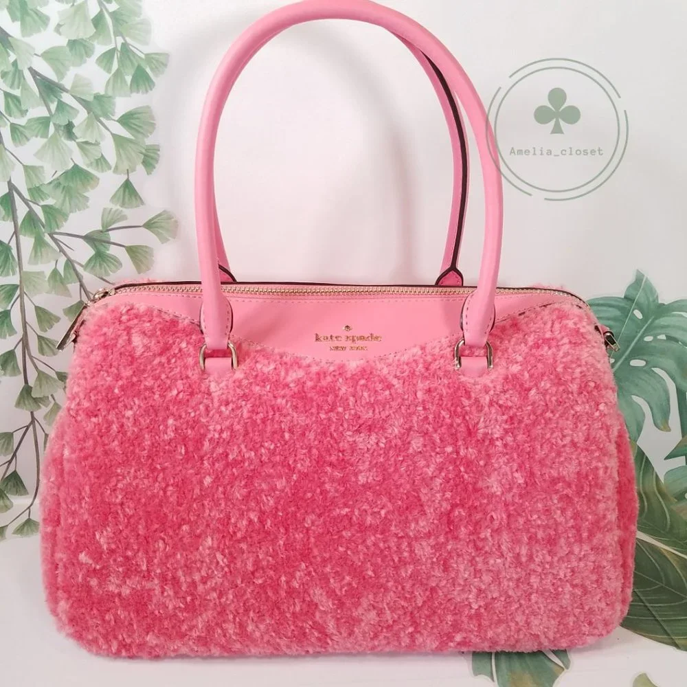 MAKE AN OFFER KATE SPADE MIMI FAUX FUR SATCHEL CROSSBODY BRIGHT BLUSH PINK - Picture 1 of 11